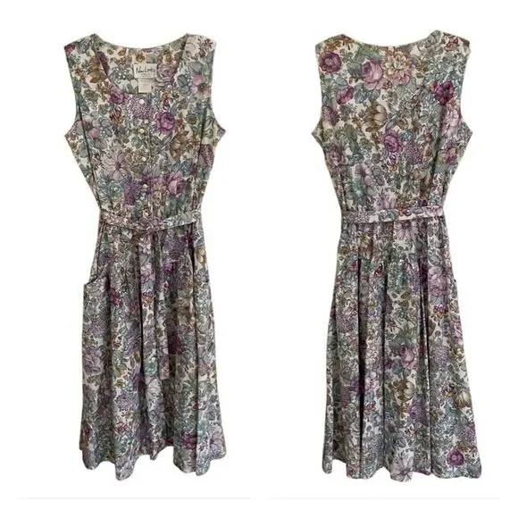 Vintage New Looks Granny floral wide strap belted sundress womens*16 Modest Boho - Picture 2 of 14